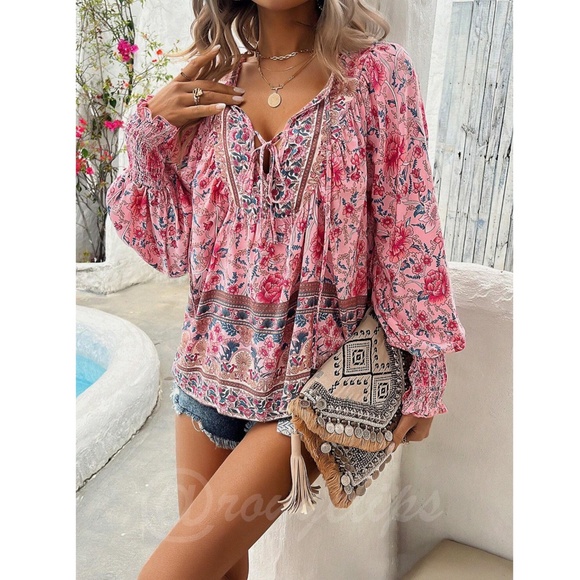 Pink Floral Printed Boho Long Sleeve Blouse Loose Fit Neck Ties Lantern Sleeve - Picture 4 of 8